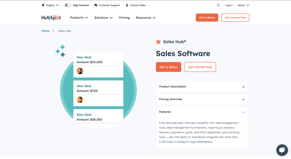 HubSpot Sales Hub landing page overview